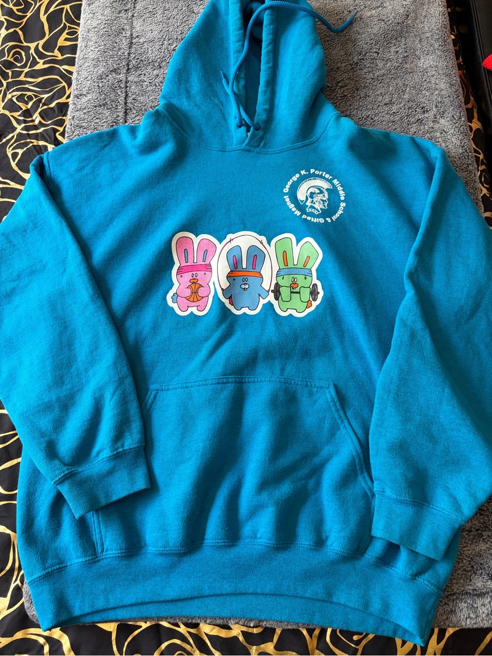 Blue Small Pets Hoodie with Colorful Bunny Graphic